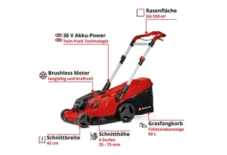 Akkurasenmäher RASARRO 36/42 (2x4.0Ah), 42 cm Schnittbreite, 2 x 4.0Ah von Einhell, Rot – Produktbild 2 von 4