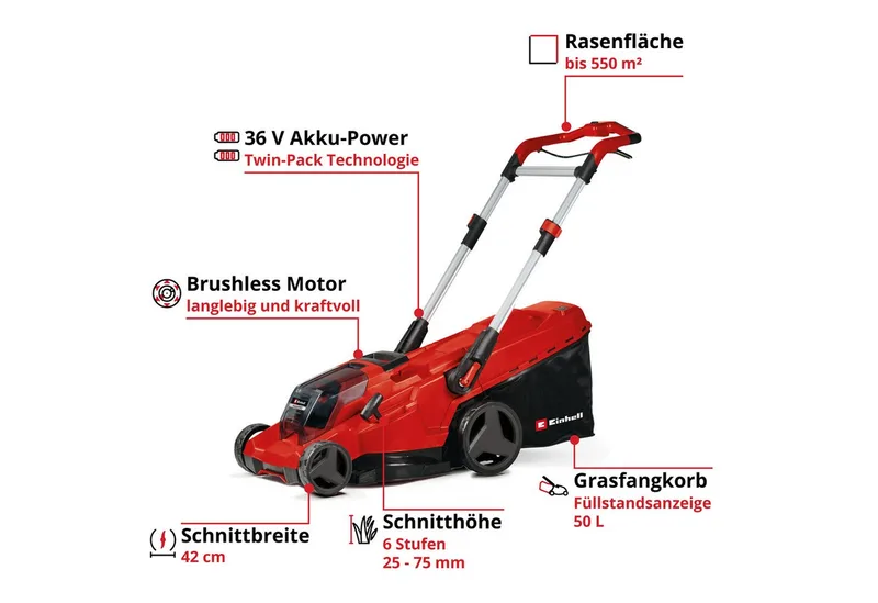 Akkurasenmäher RASARRO 36/42 (2x4.0Ah), 42 cm Schnittbreite, 2 x 4.0Ah von Einhell, Rot – Produktbild 2 von 4