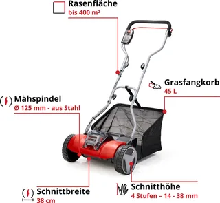 Akkurasenmäher Spindelmäher GE-HM 18/38 Li-Solo, 38 cm Schnittbreite, ohne Akku und Ladegerät von Einhell, Rot – Produktbild 3 von 5