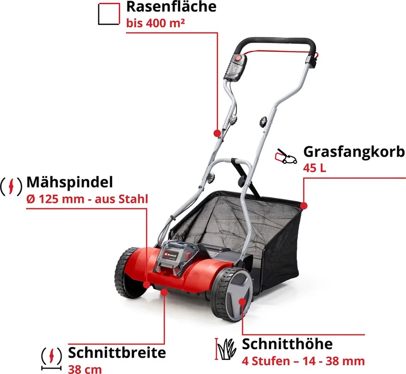 Akkurasenmäher Spindelmäher GE-HM 18/38 Li-Solo, 38 cm Schnittbreite, ohne Akku und Ladegerät von Einhell, Rot – Produktbild 3 von 5