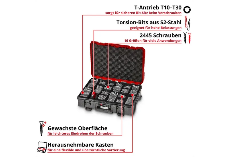 Bit-Set, 2445-St., E-CASE Schraubenset 2445-tlg. (2.445 Schrauben, 10 Torsion-Bits, T-Ant by Einhell – product image 2 of 5