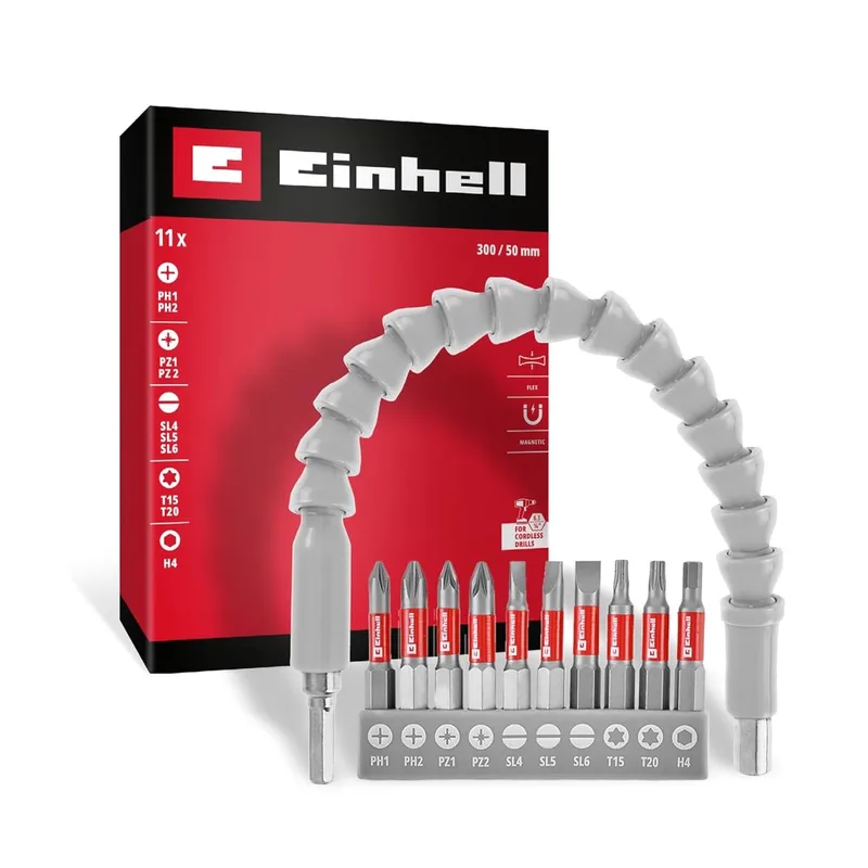 bitset met flexibele schacht, 11-delig (300 mm bithouder, permanente magneet, chroomvanadium, 50 mm bits, E 6.3 schacht, voor krappe ruimtes) by Einhell – product image