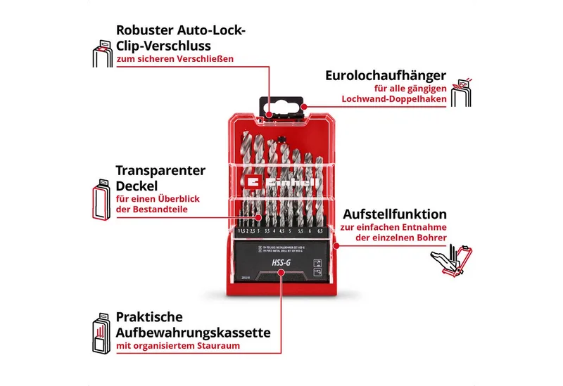 Bohrer- und Bit-Set Original Einhell 19-tlg. HSS-G Metallbohrer-Set (HSS 4241 Stahl, hochg, (19x HSS-G Metallbohrer (1 / 1,5 / 2 / 2,5 / 3 / 3,5 / 4 / 4,5 / 5 / 5,5 / 6 / 6,5 / 7 / 7,5 / 8 / 8,5 / 9 / 9,5 / 10 mm), 1x Aufbewahrungskassette (15,0 x 8,7 x 3,5 cm), 19-tlg), Original Einhell 19 de Einhell, Argent – image du produit 3 sur 5