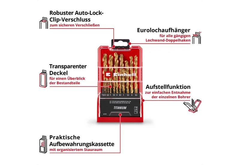 Bohrer- und Bit-Set Original Einhell 19-tlg. HSS-G Titan Metallbohrer-Set (im Ganzen gesch, (19x HSS-G Titan Metallbohrer (1 / 1,5 / 2 / 2,5 / 3 / 3,5 / 4 / 4,5 / 5 / 5,5 / 6 / 6,5 / 7 / 7,5 / 8 / 8,5 / 9 / 9,5 / 10 mm), 1x Aufbewahrungskassette (15,0 x 8,7 x 3,5 cm), 19-tlg), Original Einhe von Einhell – Produktbild 3 von 5