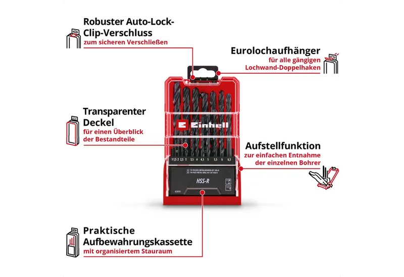 Bohrer- und Bit-Set Original Einhell 19-tlg. HSS-R Metallbohrer-Set (HSS 4241 Stahl, schwa, (19x HSS-R Metallbohrer (1 / 1,5 / 2 / 2,5 / 3 / 3,5 / 4 / 4,5 / 5 / 5,5 / 6 / 6,5 / 7 / 7,5 / 8 / 8,5 / 9 / 9,5 / 10 mm), 1x Aufbewahrungskassette (15,0 x 8,7 x 3,5 cm), 19-tlg), Original Einhell 19 by Einhell, Black – product image 3 of 5