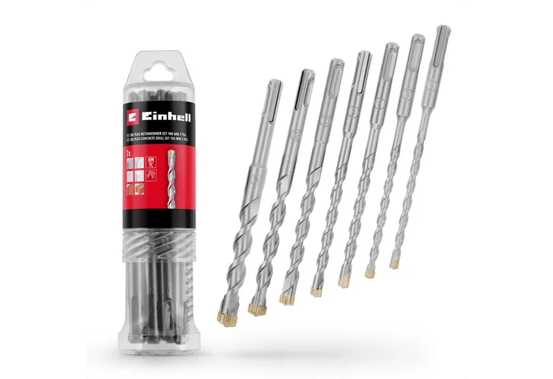 Bohrer- und Bit-Set Original Einhell 7-tlg. SDS Plus Hammerbohrer-Set, 160 mm (aus 40Cr We, (7x SDS Plus Hammerbohrer (2x 6 / 2x 8 / 10 / 12 / 14 mm), 1x Kunststoffröhre (16 x Ø 4,6 cm), 7-tlg), Original Einhell 7-tlg. SDS Plus Hammerbohrer-Set, 160 mm (aus 40Cr We de Einhell, Gris – image du produit 1 sur 5