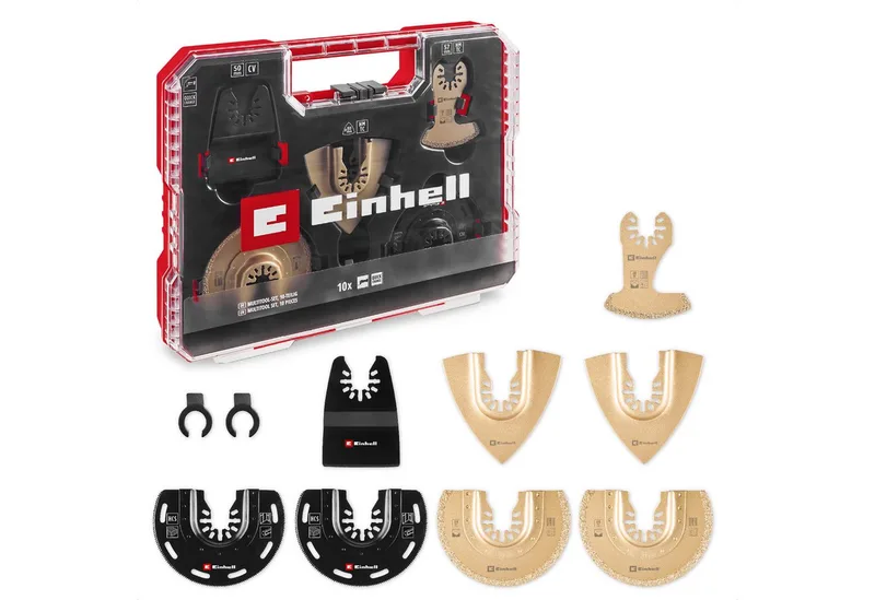 Bohrer- und Bit-Set Original Einhell XL-PLUS-CASE 10-tlg. Multitool-Set (HCS Halbrund-Säge, (2x HM Halbrund-Sägeblätter (87 mm), 2x HM Delta-Raspeln (80 mm), 1x HM Segmentsägeblatt (57 mm), 2x HCS Halbrund-Sägeblätter (87 mm), 1x Starrer Schaber (50 mm), 2x Adapter für Dremel, 1x Aufbewahrun by Einhell, Black – product image 1 of 5