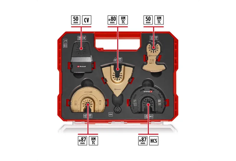 Bohrer- und Bit-Set Original Einhell XL-PLUS-CASE 10-tlg. Multitool-Set (HCS Halbrund-Säge, (2x HM Halbrund-Sägeblätter (87 mm), 2x HM Delta-Raspeln (80 mm), 1x HM Segmentsägeblatt (57 mm), 2x HCS Halbrund-Sägeblätter (87 mm), 1x Starrer Schaber (50 mm), 2x Adapter für Dremel, 1x Aufbewahrun by Einhell, Black – product image 2 of 5