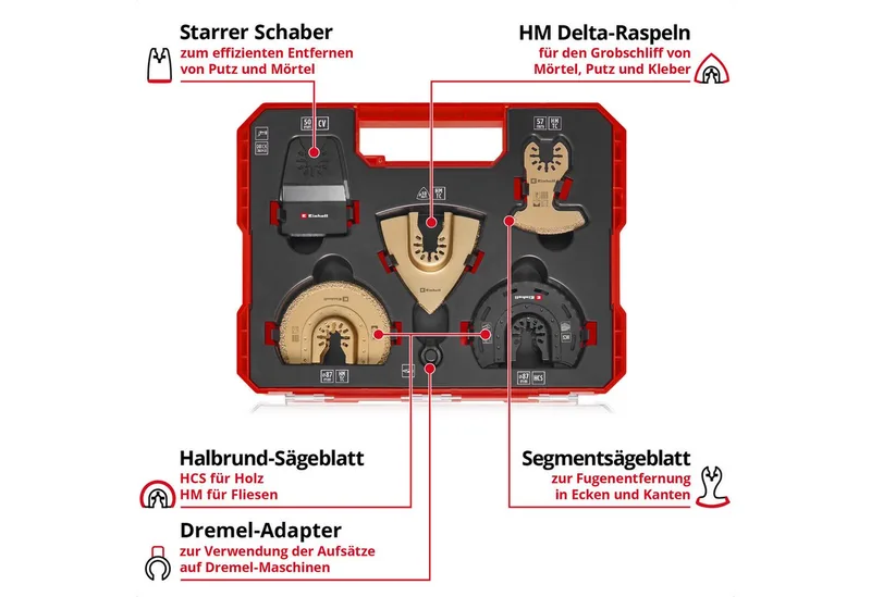 Bohrer- und Bit-Set Original Einhell XL-PLUS-CASE 10-tlg. Multitool-Set (HCS Halbrund-Säge, (2x HM Halbrund-Sägeblätter (87 mm), 2x HM Delta-Raspeln (80 mm), 1x HM Segmentsägeblatt (57 mm), 2x HCS Halbrund-Sägeblätter (87 mm), 1x Starrer Schaber (50 mm), 2x Adapter für Dremel, 1x Aufbewahrun by Einhell, Black – product image 3 of 5