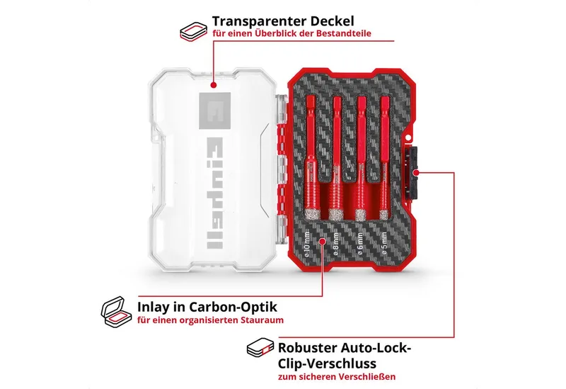 Bohrer- und Bit-Set Original Einhell XS-CASE 4-tlg. Diamant-Fliesenbohrer-Set (Trockenschn, (4x Fliesenbohrer (5 / 6 / 8 / 10 mm), 1x Aufbewahrungsbox (10,8 x 7,5 x 3,5 cm), 4-tlg), XS-CASE 4-tlg. Diamant-Fliesenbohrer-Set (Trockenschnitt, 7-mm-Diamant de Einhell, Rouge – image du produit 4 sur 5
