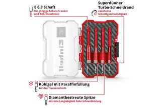 Bohrer- und Bit-Set Original Einhell XS-CASE 4-tlg. Diamant-Fliesenbohrer-Set (Trockenschn, (4x Fliesenbohrer (5 / 6 / 8 / 10 mm), 1x Aufbewahrungsbox (10,8 x 7,5 x 3,5 cm), 4-tlg), XS-CASE 4-tlg. Diamant-Fliesenbohrer-Set (Trockenschnitt, 7-mm-Diamant de Einhell, Rouge – image du produit 3 sur 5