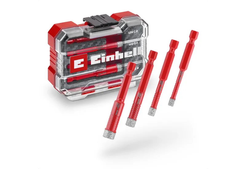 Bohrer- und Bit-Set Original Einhell XS-CASE 4-tlg. Diamant-Fliesenbohrer-Set (Trockenschn, (4x Fliesenbohrer (5 / 6 / 8 / 10 mm), 1x Aufbewahrungsbox (10,8 x 7,5 x 3,5 cm), 4-tlg), XS-CASE 4-tlg. Diamant-Fliesenbohrer-Set (Trockenschnitt, 7-mm-Diamant de Einhell, Rouge – image du produit 2 sur 5