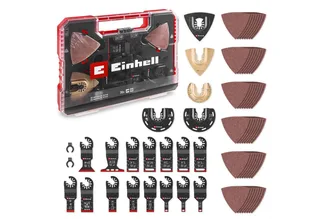 Bohrer- und Bit-Set Original Einhell XXL-CASE 70-tlg. Multitool-Set (BiM/CrV-Tauchsägeblät, (3x BIM-Tauchsägeblätter (44 / 32 / 20 mm), 12x CrV-Tauchsägeblätter (1x 65 / 5x 32 / 3x 20 / 3x 10 mm), 1x HM-Halbrund-Sägeblatt (87 mm), 1x BIM-Halbrund-Sägeblatt (87 mm), 1x HCS-Halbrund-Sägeblatt de Einhell, Rouge, Noir – image du produit 1 sur 5