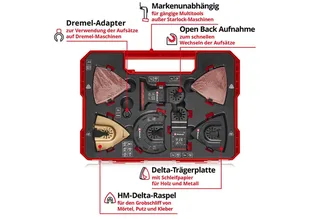 Bohrer- und Bit-Set Original Einhell XXL-CASE 70-tlg. Multitool-Set (BiM/CrV-Tauchsägeblät, (3x BIM-Tauchsägeblätter (44 / 32 / 20 mm), 12x CrV-Tauchsägeblätter (1x 65 / 5x 32 / 3x 20 / 3x 10 mm), 1x HM-Halbrund-Sägeblatt (87 mm), 1x BIM-Halbrund-Sägeblatt (87 mm), 1x HCS-Halbrund-Sägeblatt de Einhell, Rouge, Noir – image du produit 4 sur 5
