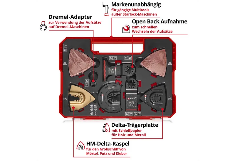 Bohrer- und Bit-Set Original Einhell XXL-CASE 70-tlg. Multitool-Set (BiM/CrV-Tauchsägeblät, (3x BIM-Tauchsägeblätter (44 / 32 / 20 mm), 12x CrV-Tauchsägeblätter (1x 65 / 5x 32 / 3x 20 / 3x 10 mm), 1x HM-Halbrund-Sägeblatt (87 mm), 1x BIM-Halbrund-Sägeblatt (87 mm), 1x HCS-Halbrund-Sägeblatt de Einhell, Rouge, Noir – image du produit 4 sur 5