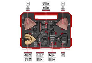 Bohrer- und Bit-Set Original Einhell XXL-CASE 70-tlg. Multitool-Set (BiM/CrV-Tauchsägeblät, (3x BIM-Tauchsägeblätter (44 / 32 / 20 mm), 12x CrV-Tauchsägeblätter (1x 65 / 5x 32 / 3x 20 / 3x 10 mm), 1x HM-Halbrund-Sägeblatt (87 mm), 1x BIM-Halbrund-Sägeblatt (87 mm), 1x HCS-Halbrund-Sägeblatt de Einhell, Rouge, Noir – image du produit 2 sur 5