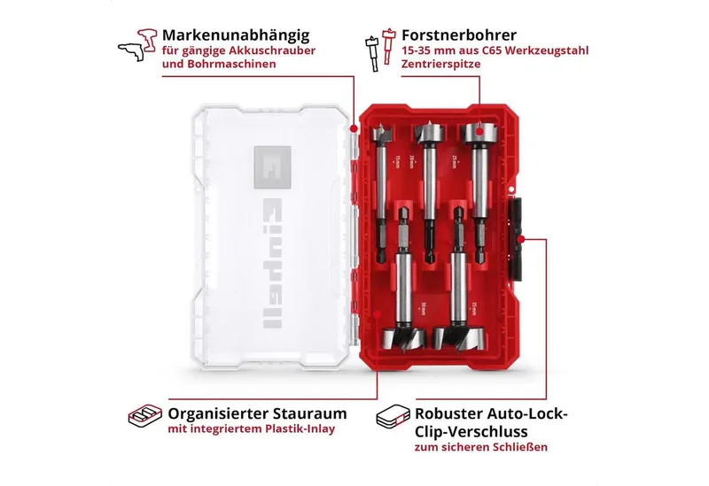 Bohrer- und Bitset Original Einhell M-CASE 5-tlg. Forstnerbohrer-Set (aus C65 Stahl, E 6., 5-St., Original Einhell M-CASE 5-tlg. Forstnerbohrer-Set (aus C65 Stahl, E 6. van Einhell – productafbeelding 3 van 5