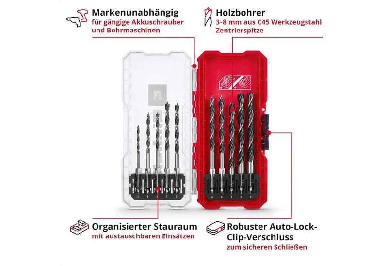 Bohrer- und Bitset Original Einhell S-CASE 10-tlg. Holzbohrer-Set (zweispiralig, aus roll, 10-St., S-CASE 10-tlg. Holzbohrer-Set, zweispiralig, aus C45 Werkzeugstahl by Einhell – product image 3 of 5