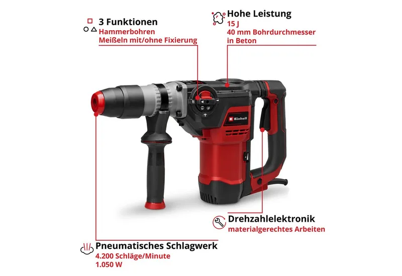 Bohrhammer TE-RH 40/15 3F +2, max. 480 U/min, ohne Akku und Ladegerät by Einhell, Red, Black – product image 3 of 5