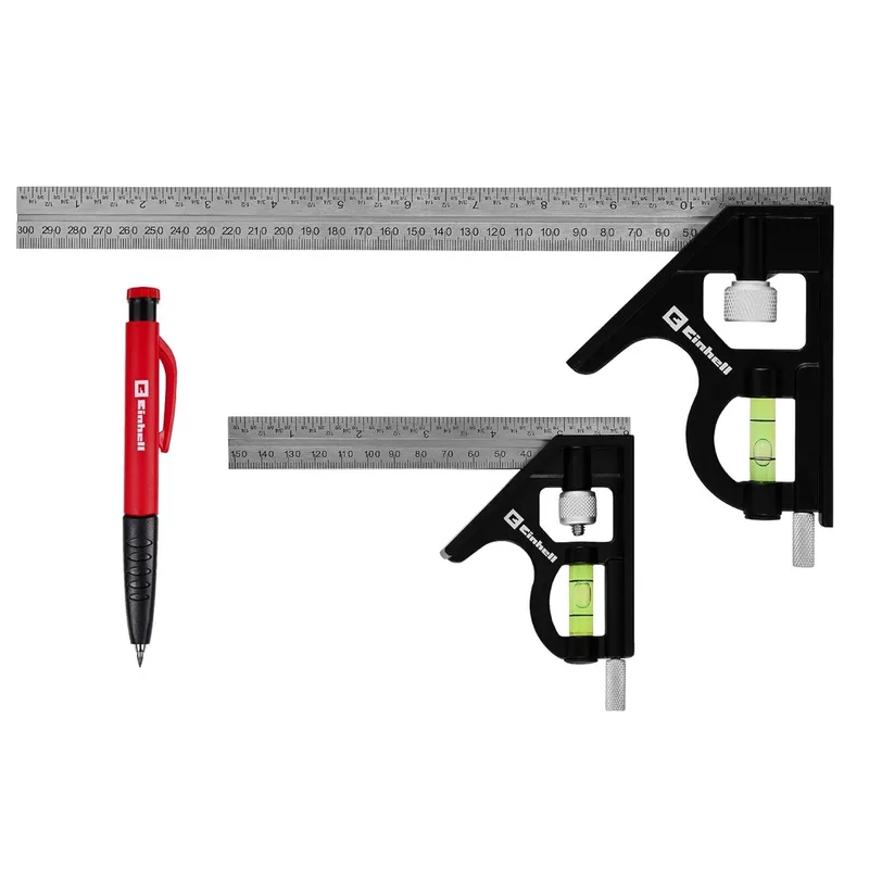 combinatiemeetlatset met markeerstift, 2-delig (150/300 mm, zink en roestvrij staal, mm/inch schaalverdeling, 45° hoek, waterpas, markeernaald, vulpotlood met puntenslijper) by Einhell – product image