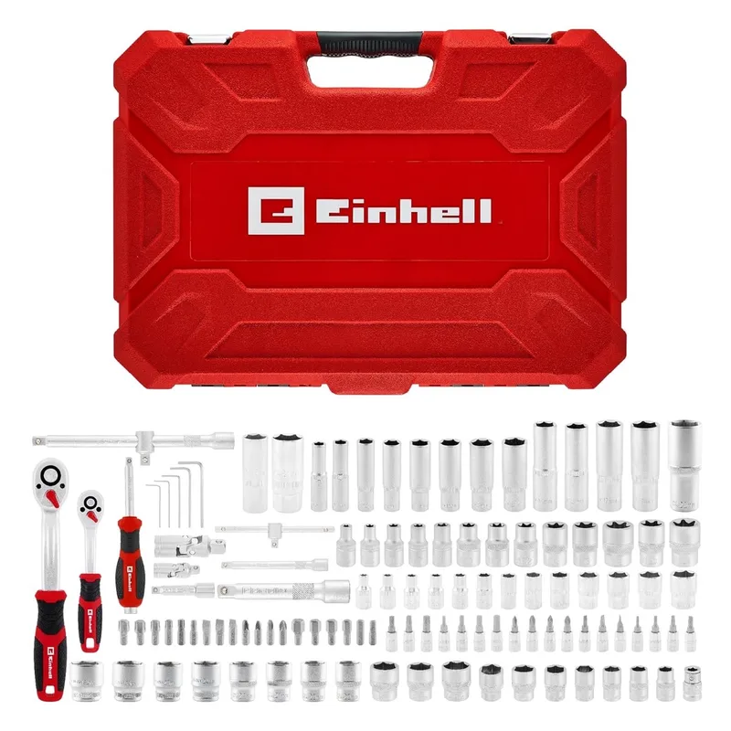 dop- en ratelset, 110-delig (1/4" & 1/2" aandrijving, 4–32 mm doppen, 72-tands omkeerbare ratels, PH/PZ/T/H/SL bits, CrV/S2 staal, koffer) von Einhell – Produktbild