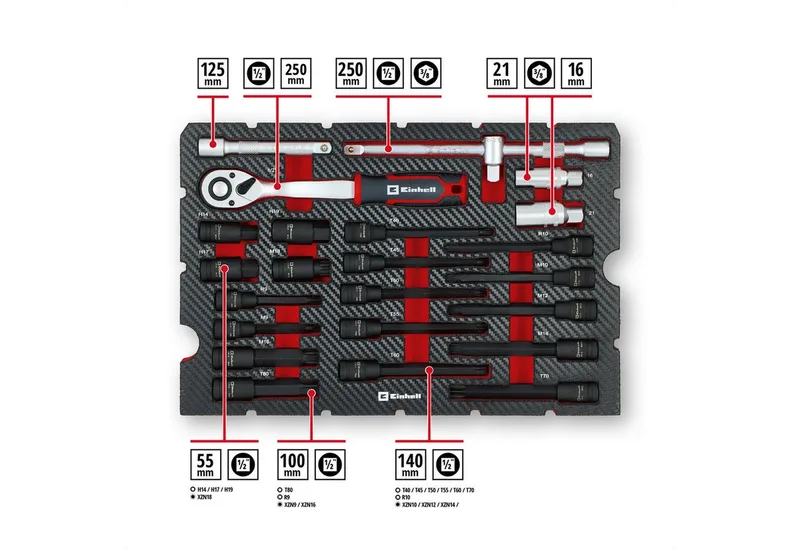 E-Case 121-delige gereedschapskoffer voor auto's (professioneel gereedschap, slagdoppen, speciale bits, bougiedoppen, omkeerbare ratels, systeemkoffer) by Einhell, Red – product image 3 of 5