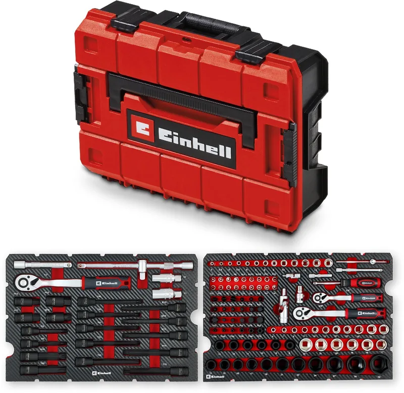 E-Case 121-delige gereedschapskoffer voor auto's (professioneel gereedschap, slagdoppen, speciale bits, bougiedoppen, omkeerbare ratels, systeemkoffer) by Einhell, Red – product image 1 of 5