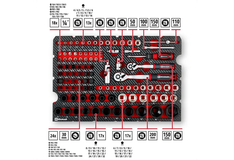 E-Case 121-delige gereedschapskoffer voor auto's (professioneel gereedschap, slagdoppen, speciale bits, bougiedoppen, omkeerbare ratels, systeemkoffer) by Einhell, Red – product image 2 of 5