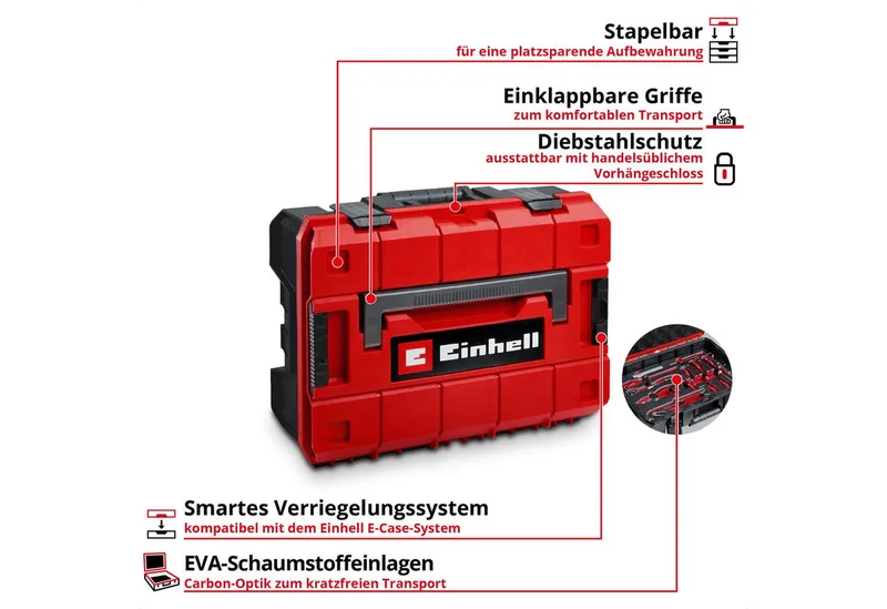 E-Case 121-delige gereedschapskoffer voor auto's (professioneel gereedschap, slagdoppen, speciale bits, bougiedoppen, omkeerbare ratels, systeemkoffer) by Einhell, Red – product image 4 of 5