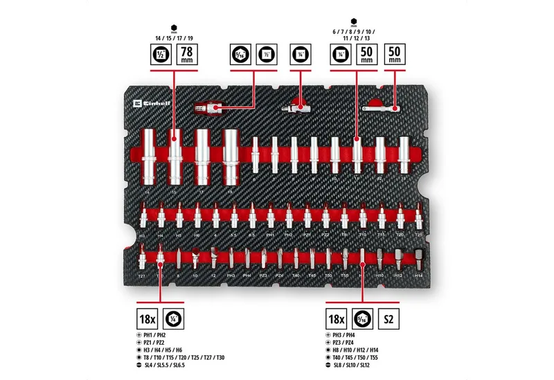 E-Case 92-delige gereedschapskoffer (werkplaatsuitrusting, autosleutels, bitaccessoires, doppen, omkeerbare ratels, systeemkoffer) by Einhell, Red – product image 2 of 5