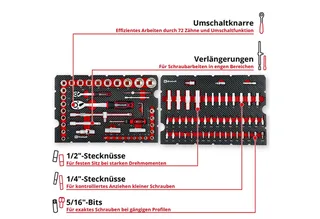 E-Case 92-delige gereedschapskoffer (werkplaatsuitrusting, autosleutels, bitaccessoires, doppen, omkeerbare ratels, systeemkoffer) by Einhell, Red – product image 5 of 5