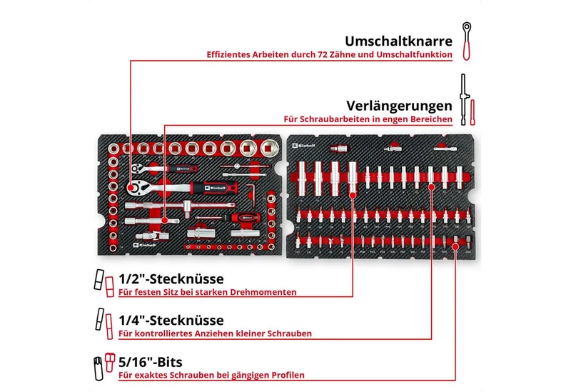 E-Case 92-delige gereedschapskoffer (werkplaatsuitrusting, autosleutels, bitaccessoires, doppen, omkeerbare ratels, systeemkoffer) by Einhell, Red – product image 5 of 5