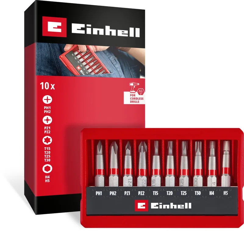 Einhell 10-delige bitset (50 mm bits PH/PZ/T/H, gezandstraald S2-staal, E 6.3 schacht, etui met standaardfunctie) by Einhell – product image