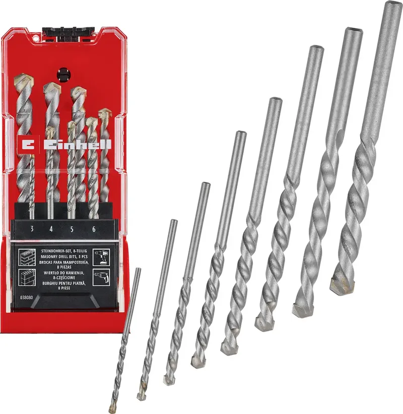 Einhell 38080 Kohlenstoffstahl Stein-Spiralbohrer-Set 8teilig 3 mm, 4 mm, 5 mm, 6 mm, 7 mm, 8 mm, 9 mm, 10 mm 1 Set fra Einhell – produktbillede