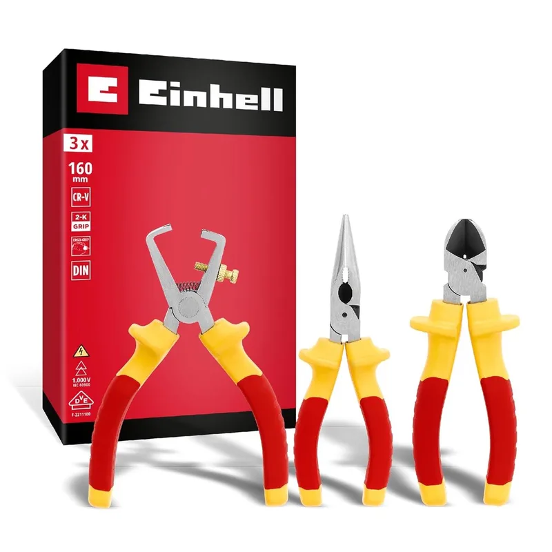 elektriciens tangenset, 3-delig (isolatie tot 1000 volt, zijsnijtang, draadstripper, telefoontang, ergonomische handgrepen voor elektrische installaties) by Einhell – product image