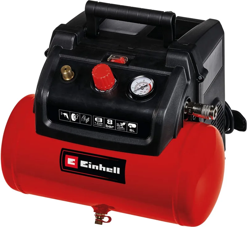 Elektrische Compressor TC-AC 190/6/8 - 1200 W - 8 bar - 6 L tank - Aanzuigcapaciteit: 190 l/min - Olievrij by Einhell, Red – product image 1 of 5