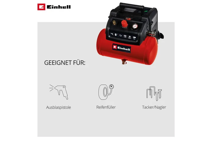 Elektrische Compressor TC-AC 190/6/8 - 1200 W - 8 bar - 6 L tank - Aanzuigcapaciteit: 190 l/min - Olievrij by Einhell, Red – product image 3 of 5