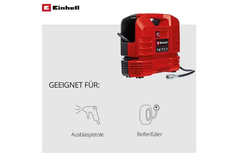Elektrische Compressor TC-AC 190 OF Set 1100 W - 8 bar - Aanzuigcapaciteit: 190 l/min - Olievrij - Incl. blaaspistool, bandenspanningsmeter en 3-delige adapterset by Einhell, Black – product image 4 of 4