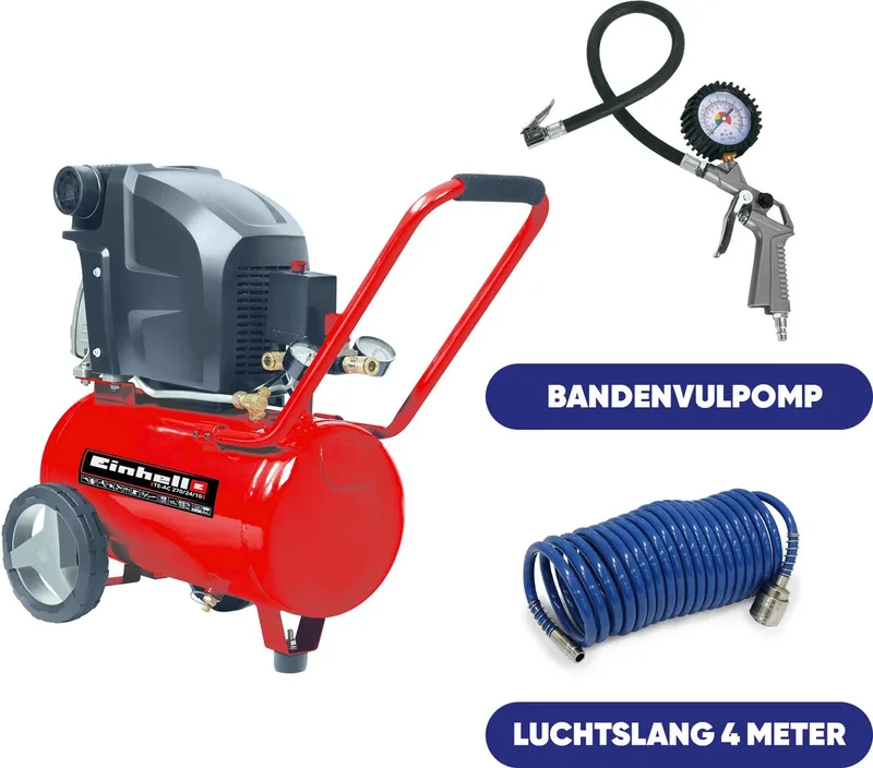Elektrische Compressor TE-AC 270/24/10 - 1800 W - 10 bar - 24 L tank - Aanzuigcapaciteit: 270 l/min - Oliegesmeerd - Inclusief accessoires de Einhell, Rouge – image du produit