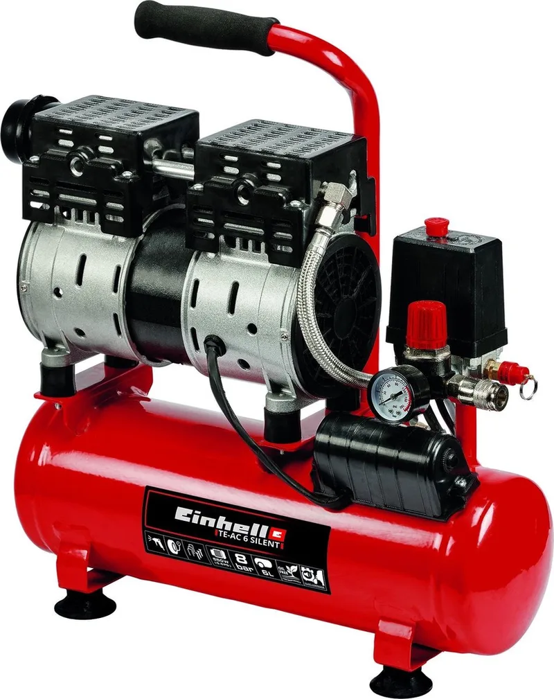 Elektrische Compressor TE-AC 6 Silent - 550 W - 8 bar - 6 L tank - Aanzuigcapaciteit: 110 l/min - 57 dB (Stiller dan normale compressoren) - Olievrij de Einhell, Rouge – image du produit