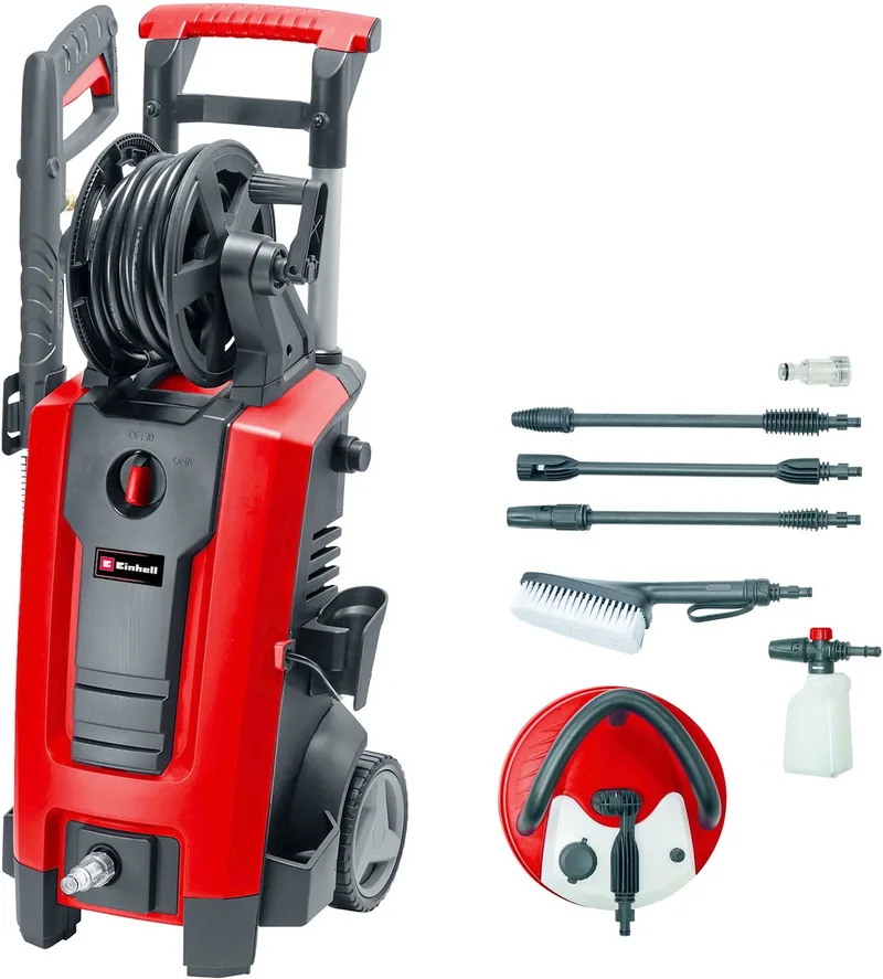 Elektrische Hogedrukreiniger TC-HP 170 - 2300 W - Max. 170 bar - 420 l/u - Incl. 10m hogedrukslang, pistool, lans, diverse sproeiers, borstel, schuimsproeier en terrasreiniger met reservoir de Einhell – image du produit