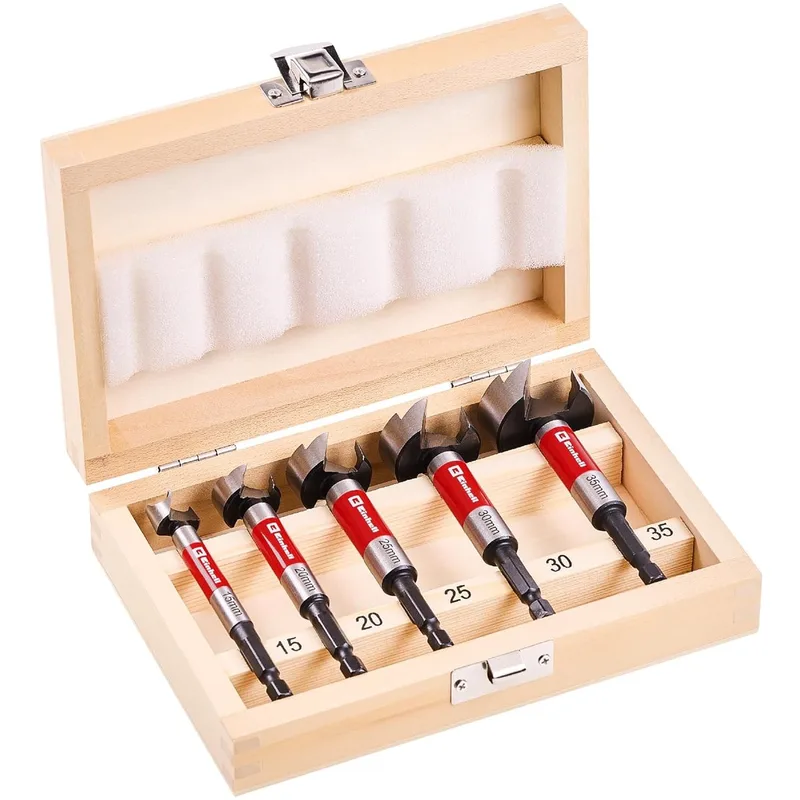 Forstner boorset, 5-delig (Ø 15–35 mm, C65 gereedschapsstaal DIN 7483 G, precisie centreerpunt, 4-zijdige voorsnijrand, conische kopvorm, beitelrand, E 6.3 schacht, houten kist) fra Einhell – produktbillede