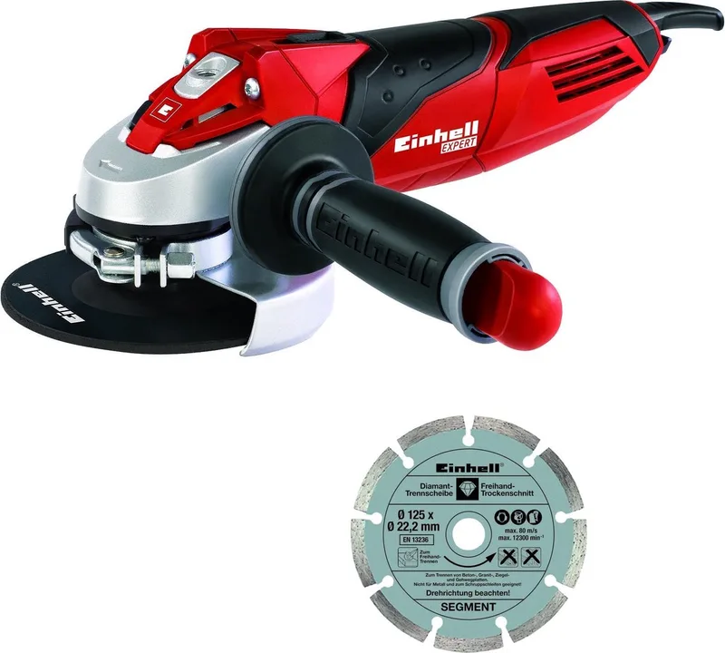 Haakse Slijper TE-AG 125/750 Kit - 750 W - Onbelast toerental: 12.000 t/min - Ø125 mm - Incl. Transport-/Opbergkoffer, 1x diamant slijpschijf, 1x Slijpschijfbescherming fra Einhell – produktbillede