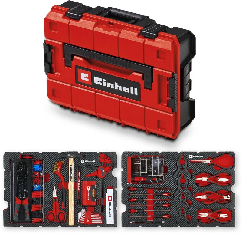Hobby E-Case 153-delige gereedschapskoffer (elektronica reparatieset, elektrotechnisch werk, elektronica tangen, E-Case systeem voor hobbytoepassingen) fra Einhell, Rød – produktbillede