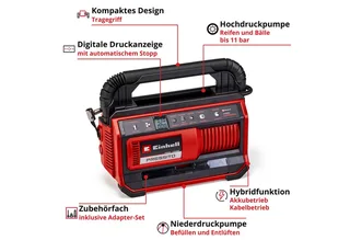 Hybride Compressor PRESSITO 18/25 Hybrid Solo - Power X-Change - 18 V/Li-ion - Aanzuigcapaciteit: max. 360 l/min - Max. werkdruk hogedrukpomp: 11 bar - Incl. 3-delige adapterset - Excl. accu en lader van Einhell – productafbeelding 3 van 5