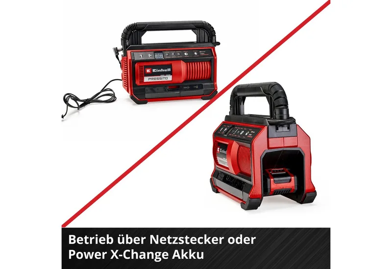 Hybride Compressor PRESSITO 18/25 Hybrid Solo - Power X-Change - 18 V/Li-ion - Aanzuigcapaciteit: max. 360 l/min - Max. werkdruk hogedrukpomp: 11 bar - Incl. 3-delige adapterset - Excl. accu en lader van Einhell – productafbeelding 4 van 5