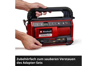Hybride Compressor PRESSITO 18/25 Hybrid Solo - Power X-Change - 18 V/Li-ion - Aanzuigcapaciteit: max. 360 l/min - Max. werkdruk hogedrukpomp: 11 bar - Incl. 3-delige adapterset - Excl. accu en lader van Einhell – productafbeelding 5 van 5