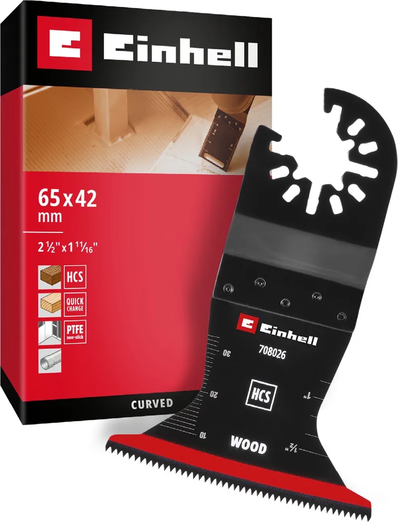 invalzaagblad van koolstofstaal voor houtbewerking (65 mm breedte, 42 mm invaldiepte, PTFE-coating, houttanden, gebogen snijkant, snelwisselfunctie) by Einhell, Black – product image