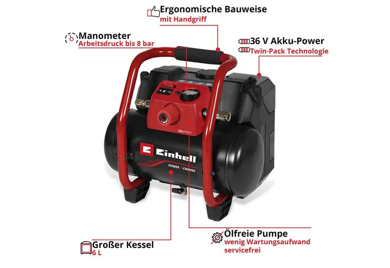 Kompressor Power X-Change TE-AC 36/150 Li OF-Solo, max. 8 bar, 6 l, ohne Akku van Einhell – productafbeelding 4 van 5