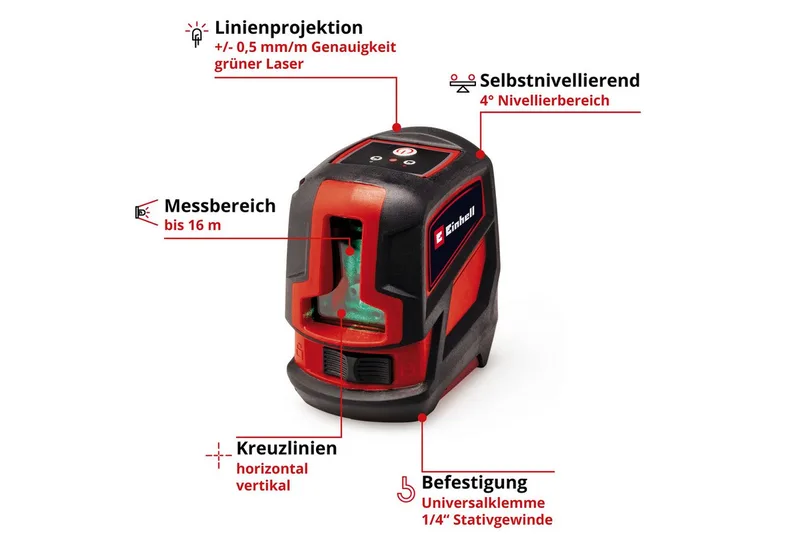 Kruislijnlaser TC-LL 2 G - Werkbereik 16 m - Horizontaal & verticaal - Nivelleringsbereik 4 ° - Groene laser - Incl. in hoogte verstelbare wandhouder - Incl. praktische opbergtas von Einhell – Produktbild 3 von 5
